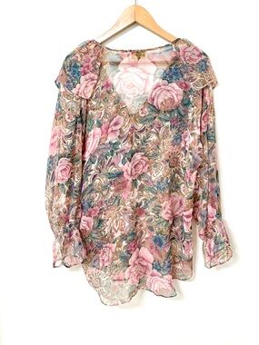 Vintage Victoria’s Secret Sheer Romantic Floral Ruffle Blouse Pink Roses Fairy